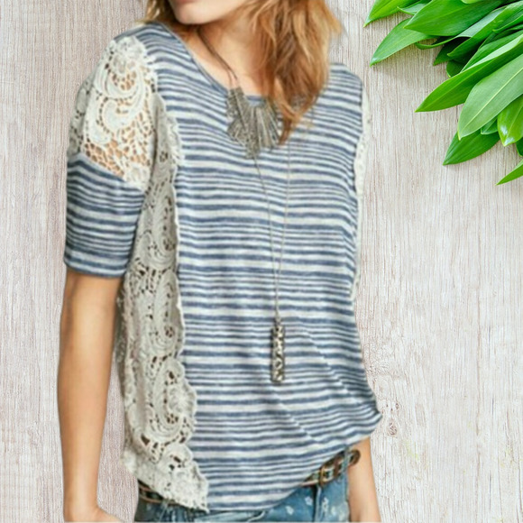 Free People Tops - Free People Crochet Panel Stripe Tee - Size Large